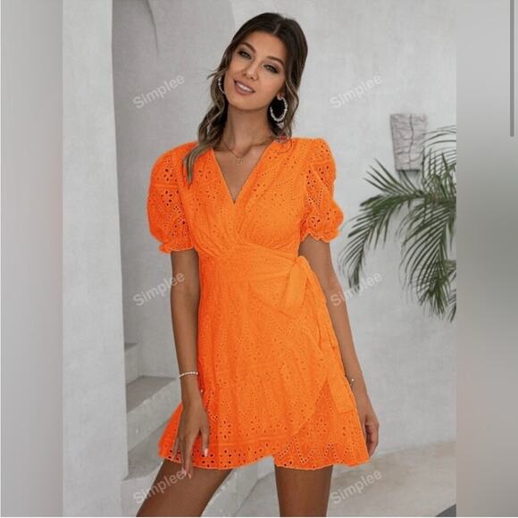 Simplee Orange eyelet mini wrap dress size large - Picture 2 of 7